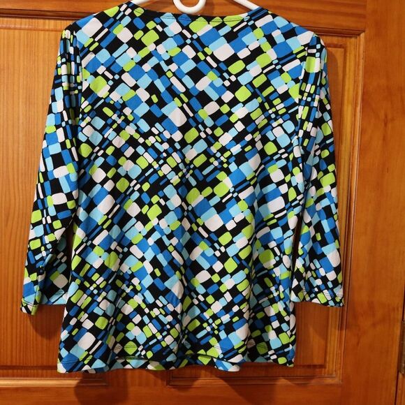 Laura Ashley Bright Colorful Blue Green Geometric Print Top Medium - Picture 7 of 8